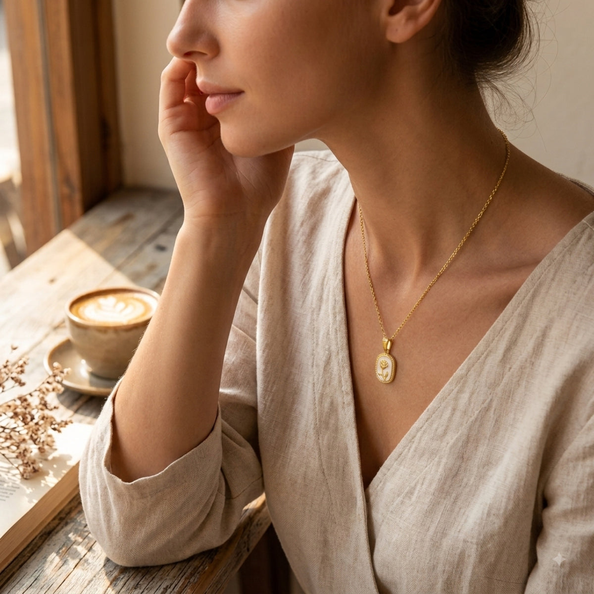A woman in a beige linen top wearing a delicate gold necklace with a small oval pendant, sitting at a wooden table by a window with a cup of coffee nearby.